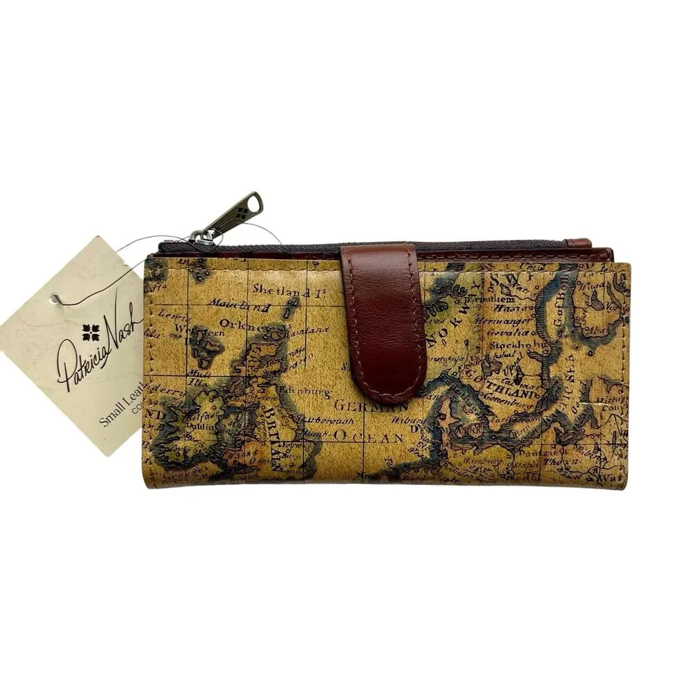 Patricia Nash Nazari Leather Wallet European Map Print Bifold Snap Close Travel